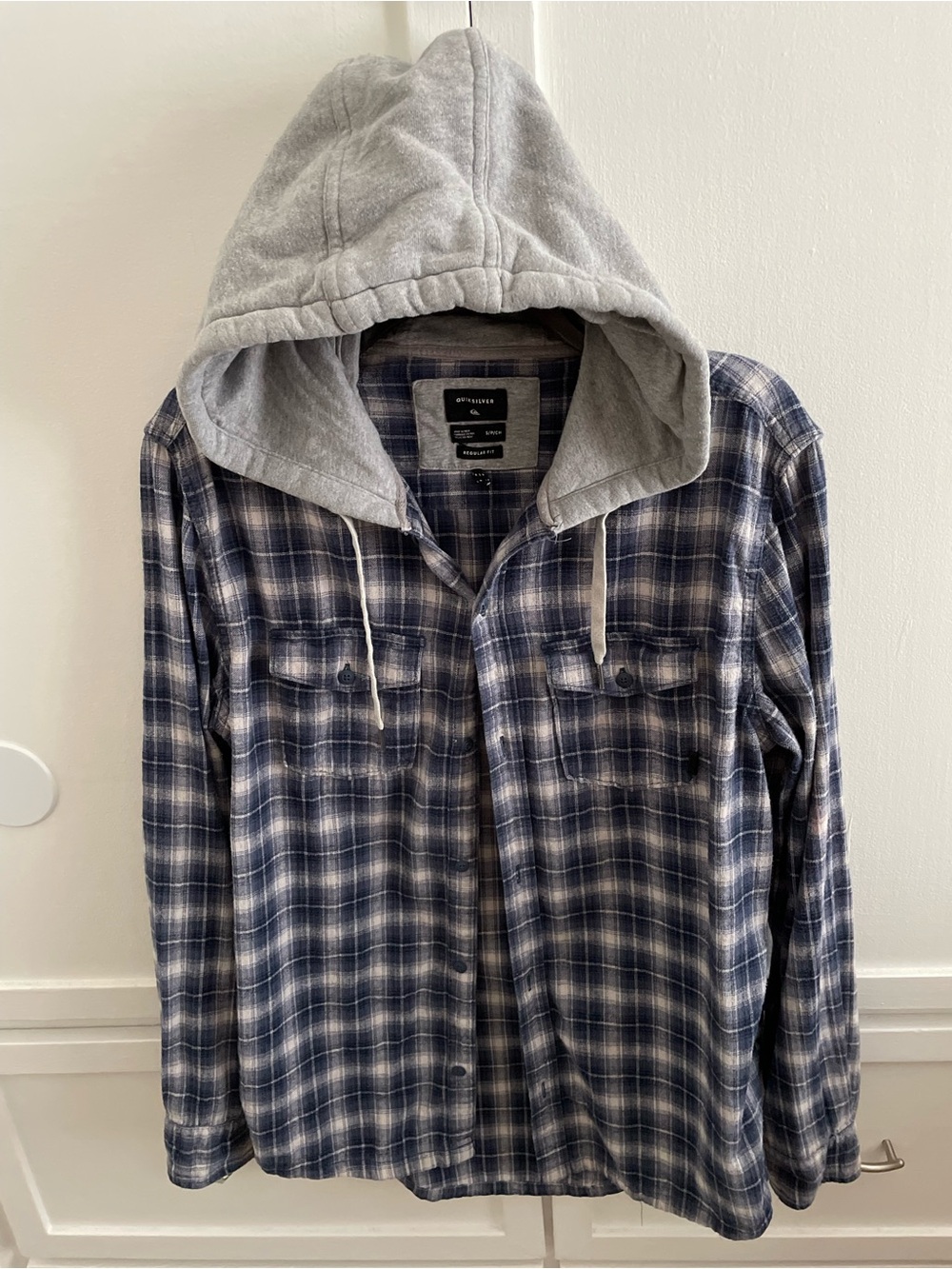 Quicksilver Men Navy Plaid Hooded Flannel Shirt Size S Excellent Shape